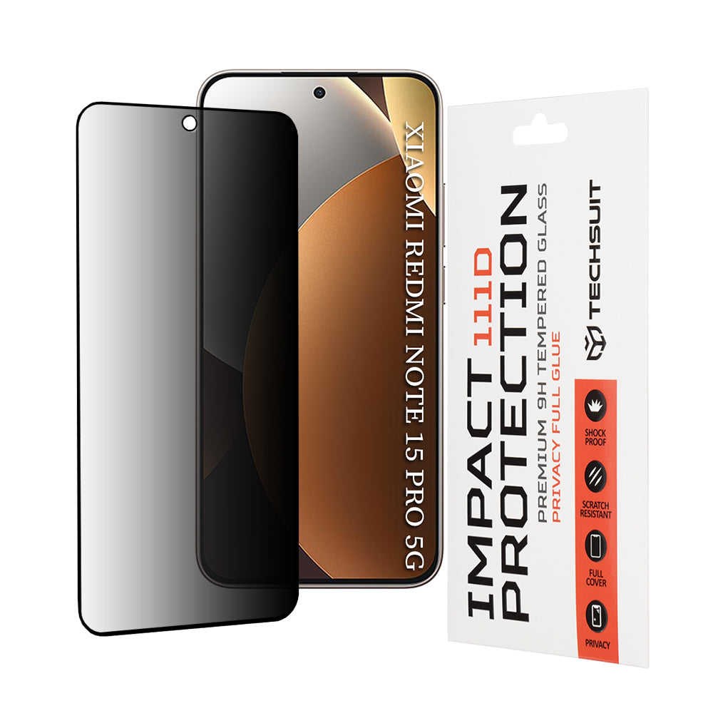 Privacy Techsuit képernyővédő fólia Xiaomi Redmi Note 15 Pro 5G-hez, Edzett üveg, Teljes ragasztás, 111D