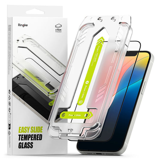 Ringke Easy Slide képernyővédő fólia Apple iPhone 17e / 16e / 14 / 13 Pro készülékekhez, edzett üveg, teljes ragasztó, 2 darabos készlet, fekete