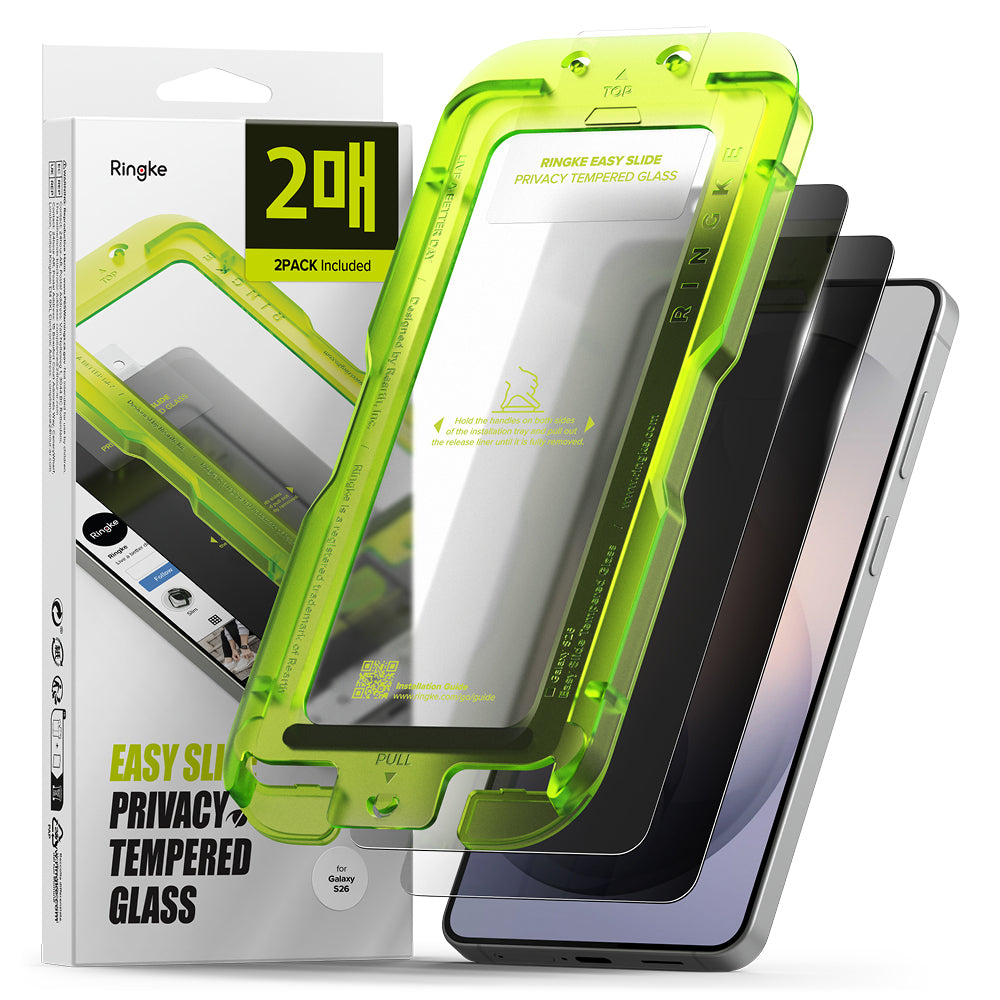 Ringke Easy Slide képernyővédő fólia Samsung Galaxy S26-hoz, Edzett üveg, Teljes ragasztás, 2 darabos készlet, Fekete