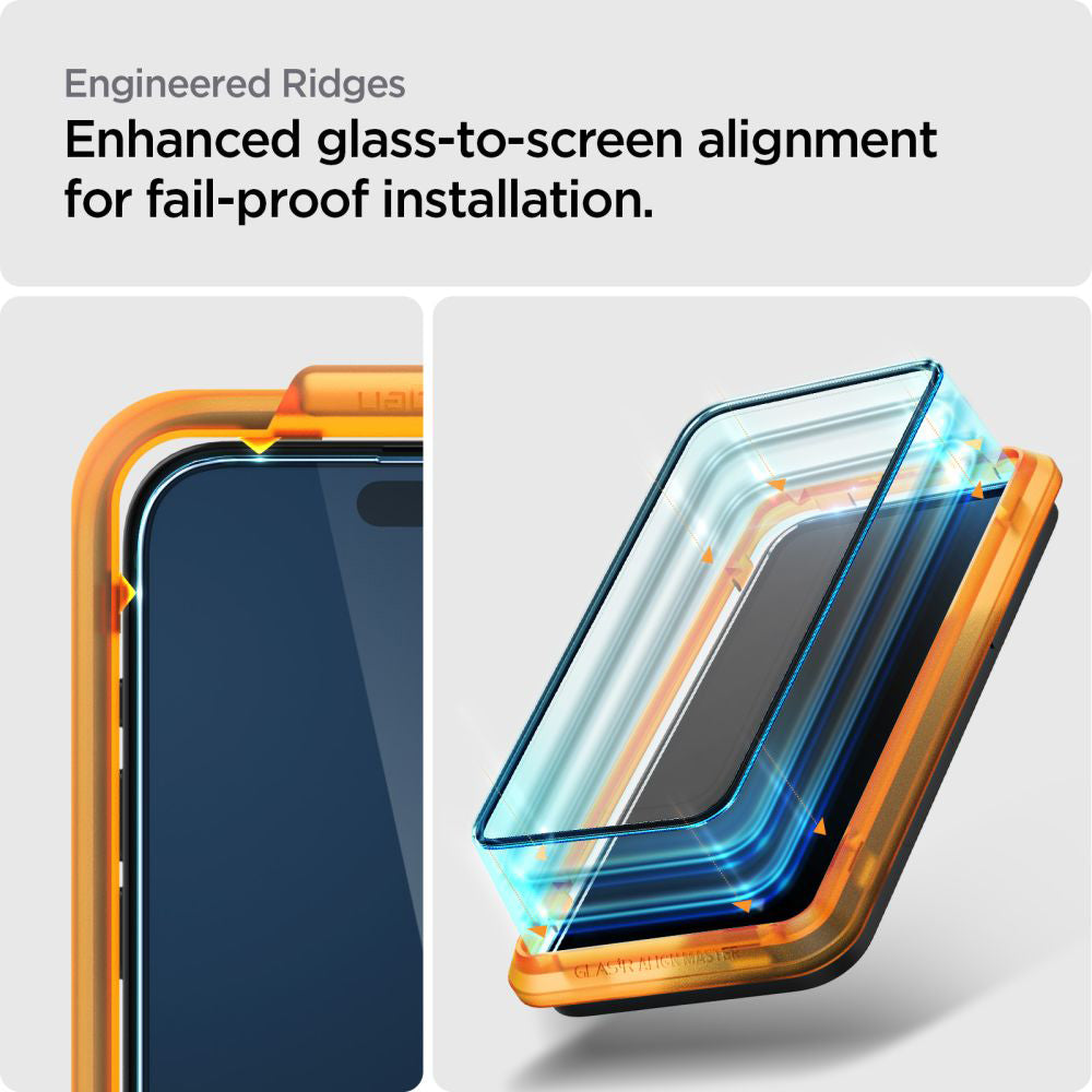Spigen GlastR Align Master képernyővédő fólia Apple iPhone 15 Plus-hoz, Edzett üveg, Teljes ragasztás, 2 darabos készlet, Fekete AGL06886