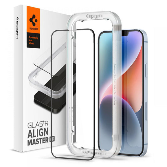 Képernyővédő fólia Spigen GlastR Align Master Apple iPhone 17e / 16e / 14 / 13 Pro készülékekhez, Edzett üveg, Teljes ragasztás, Fekete AGL03725