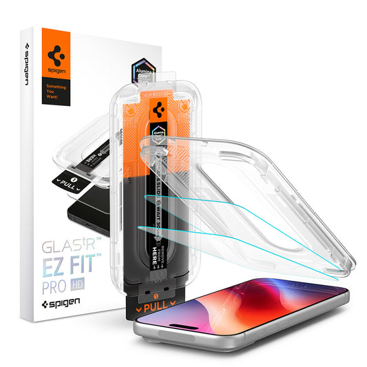 Spigen GlastR EZ FIT Pro HD képernyővédő fólia Apple iPhone 18 Pro / 17 Pro / 17 / 16 Pro készülékekhez, edzett üveg, teljes ragasztó, 2 darabos készlet AGL12047