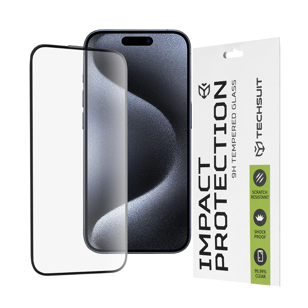 Techsuit képernyővédő fólia Apple iPhone 16 / 15 Pro-hoz, edzett üveg, teljes ragasztó, 111D, fekete