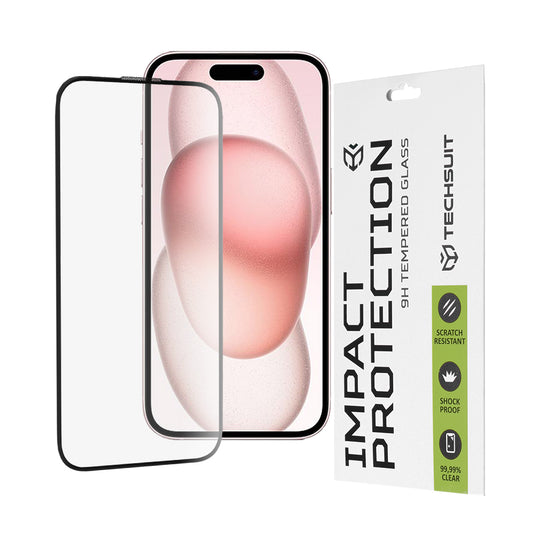 Techsuit képernyővédő fólia Apple iPhone 16 / 15 készülékhez, edzett üveg, teljes ragasztó, 111D, fekete