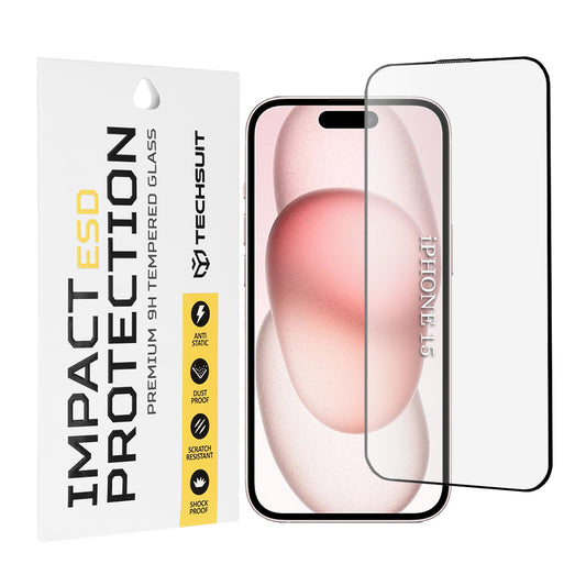 Techsuit képernyővédő fólia Apple iPhone 16 / 15 készülékhez, edzett üveg, teljes ragasztó, fekete