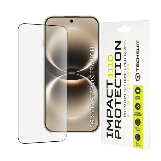 Techsuit képernyővédő fólia Huawei nova 15 Max készülékhez, edzett üveg, teljes ragasztó, 111D, fekete