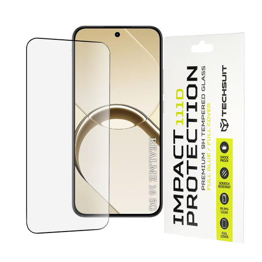 Techsuit képernyővédő fólia Realme 16-hoz, edzett üveg, teljes ragasztó, 111D, fekete
