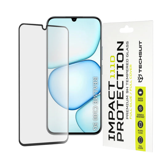 Techsuit képernyővédő fólia Realme C100 5G-hez, edzett üveg, teljes ragasztó, 111D, fekete