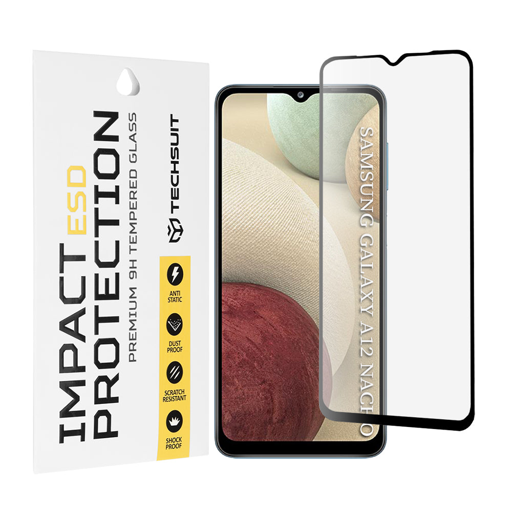 Techsuit Screen Protector Film for Samsung Galaxy F12 F127 / A12 Nacho A127 / M02 M022 / M12 M127, Tempered Glass, Full Glue, Black