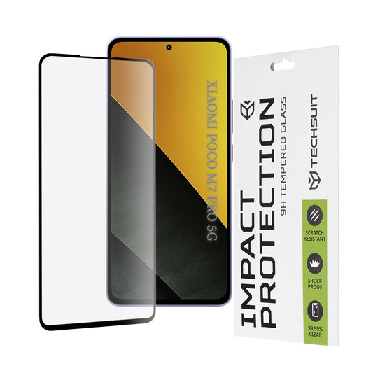 Techsuit képernyővédő fólia Xiaomi Poco M7 Pro 5G-hez, edzett üveg, teljes ragasztó, 111D, fekete