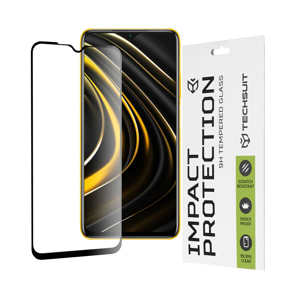Techsuit képernyővédő fólia Xiaomi Redmi 9 Power / 9T / Poco M3 készülékhez, edzett üveg, teljes ragasztó, 111D, fekete