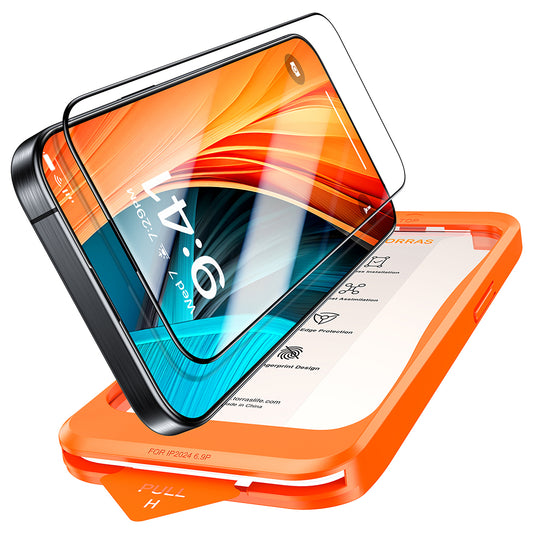 Torras GlassGo Install Master képernyővédő fólia Apple iPhone 16 Pro Max készülékhez, edzett üveg, teljes ragasztó, fekete