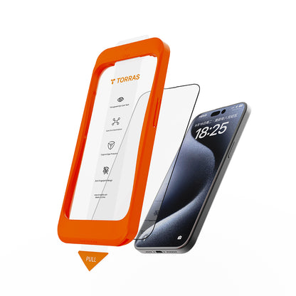 Torras GlassGo Install Master képernyővédő fólia Apple iPhone 16 Pro Max készülékhez, edzett üveg, teljes ragasztó, fekete