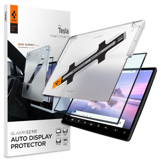 Spigen GlastR EZ FIT védőfólia Tesla X / S navigációhoz (2022 - 2021), Edzett üveg, Fekete AGL04688