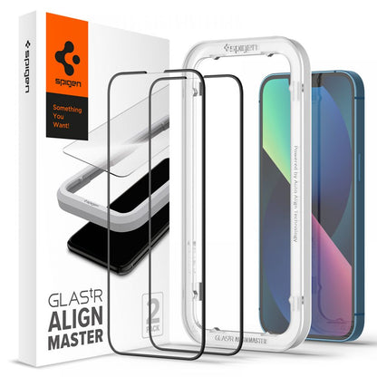 Spigen GlastR Align Master képernyővédő fólia Apple iPhone 16e / 14 készülékhez, Edzett üveg, Teljes ragasztás, 2 darabos készlet, Fekete AGL03387