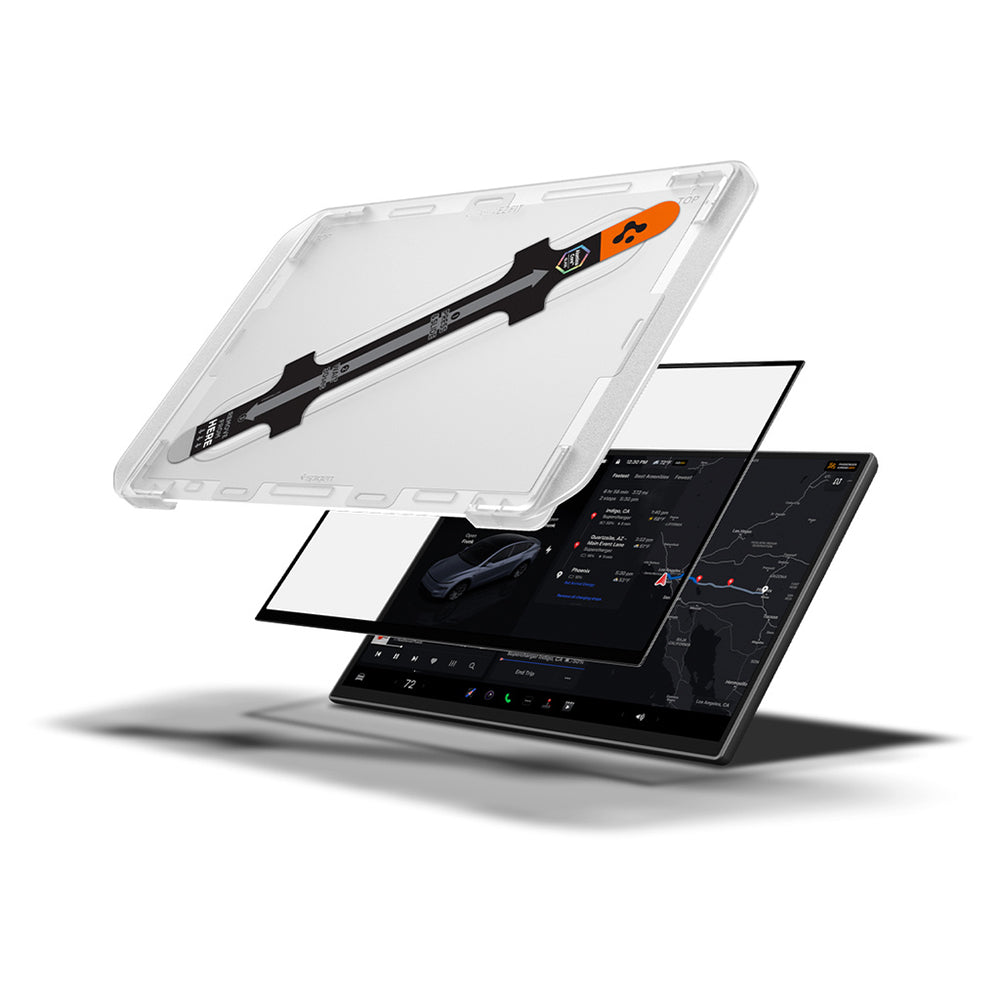Spigen GlastR EZ FIT védőfólia Tesla Y 2026 Premium / Performance navigációhoz, edzett üveg AGL10820