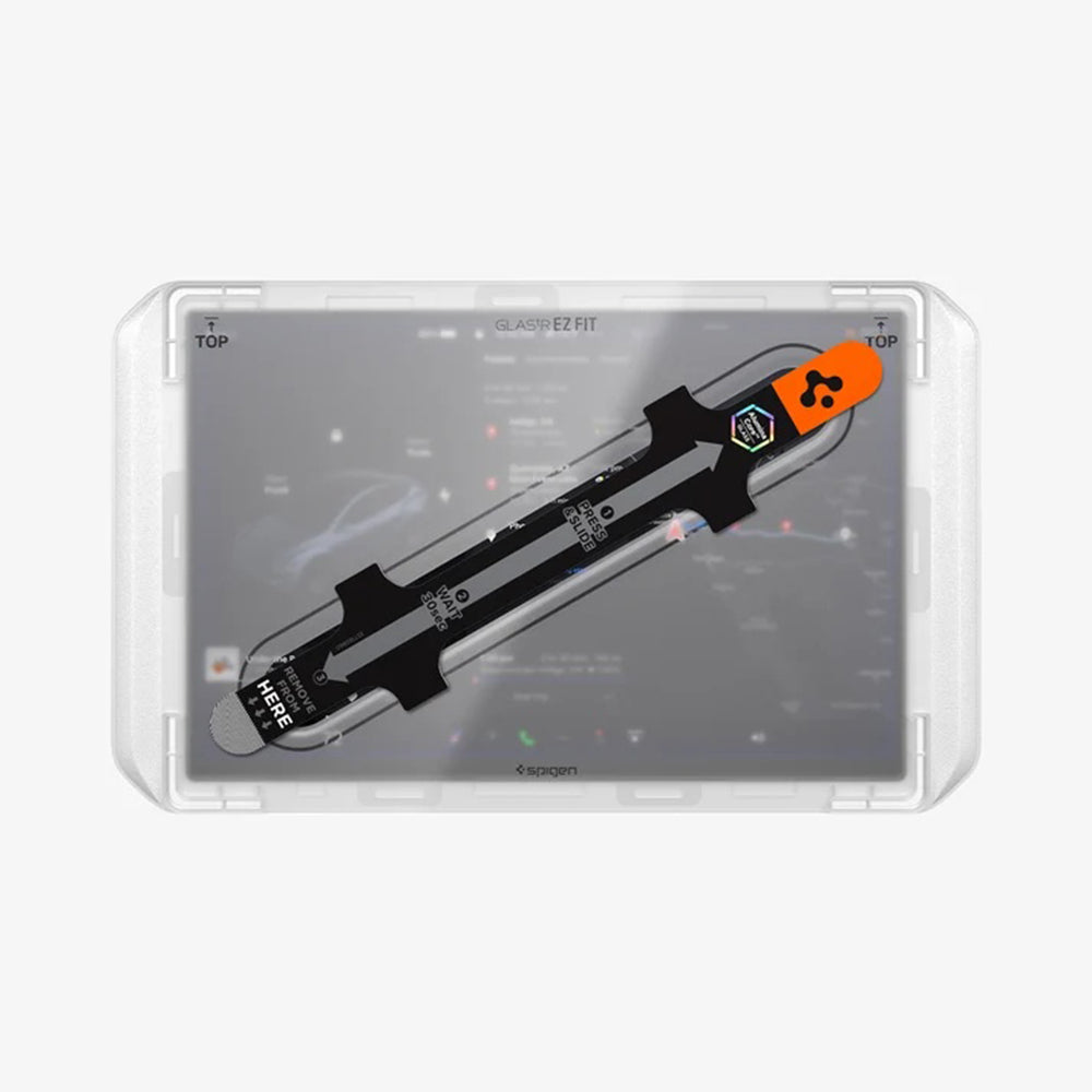 Spigen GlastR EZ FIT védőfólia Tesla Y 2026 Premium / Performance navigációhoz, edzett üveg AGL10820