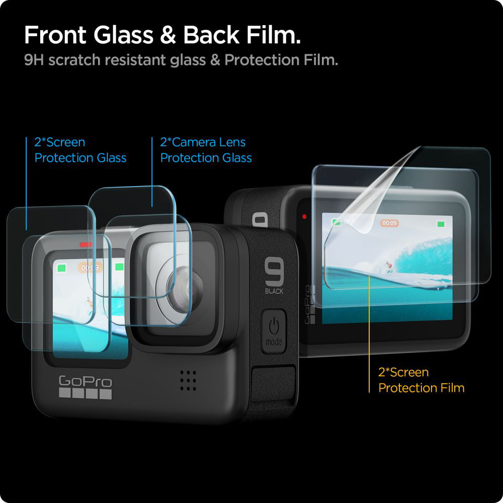 Spigen GlastR Slim képernyő- és lencsevédő fólia GoPro Hero 12 / 9 / 10 / 11 készülékekhez, Edzett üveg, 6 darabos készlet AGL03045