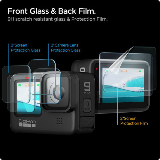 Spigen GlastR Slim képernyő- és lencsevédő fólia GoPro Hero 12 / 9 / 10 / 11 készülékekhez, Edzett üveg, 6 darabos készlet AGL03045