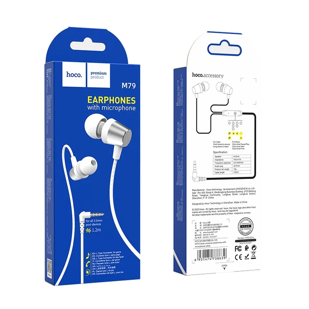 Handsfree 3.5mm HOCO M79, Fehér