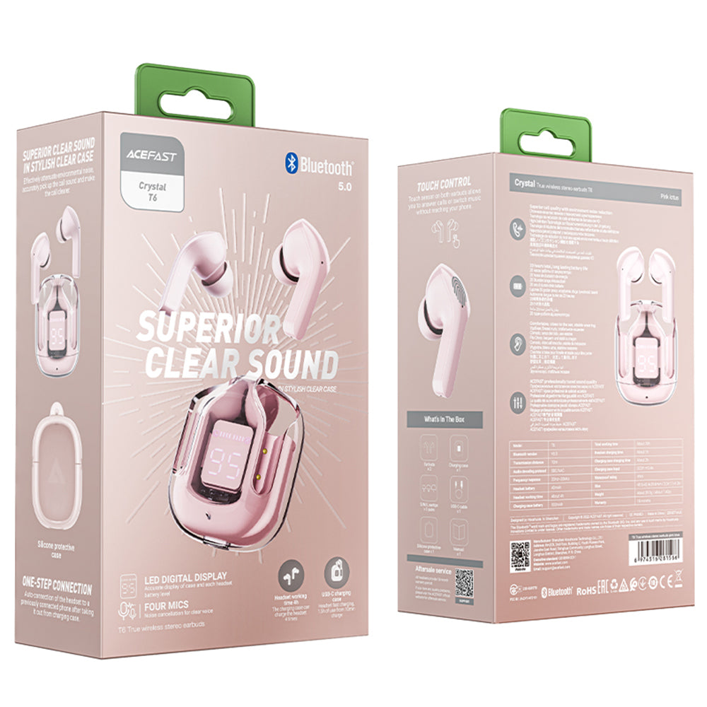 Handsfree Bluetooth Acefast T6, TWS, Rózsaszín