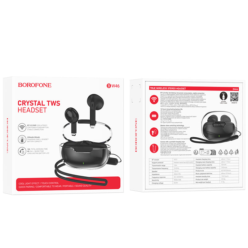 Handsfree Bluetooth Borofone BW46 Ice Flake, TWS, Fekete