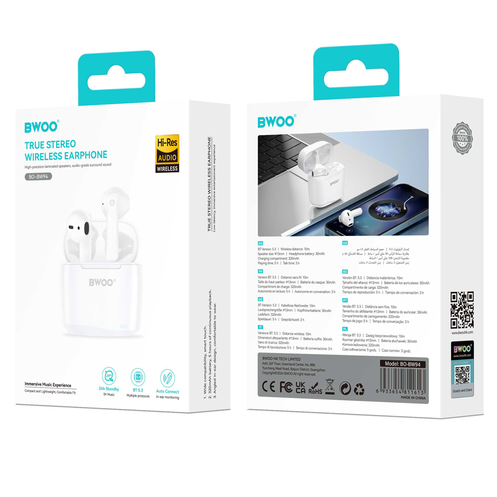 Bluetooth kihangosító BWOO BW94, TWS, Fehér