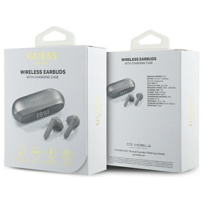 Handsfree Bluetooth Guess Elongated Metallic Printed Logo, TWS, Szürke