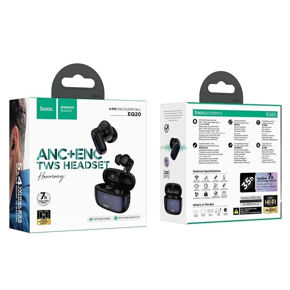 Handsfree Bluetooth HOCO EQ20, TWS, ANC, MultiPoint, Fekete