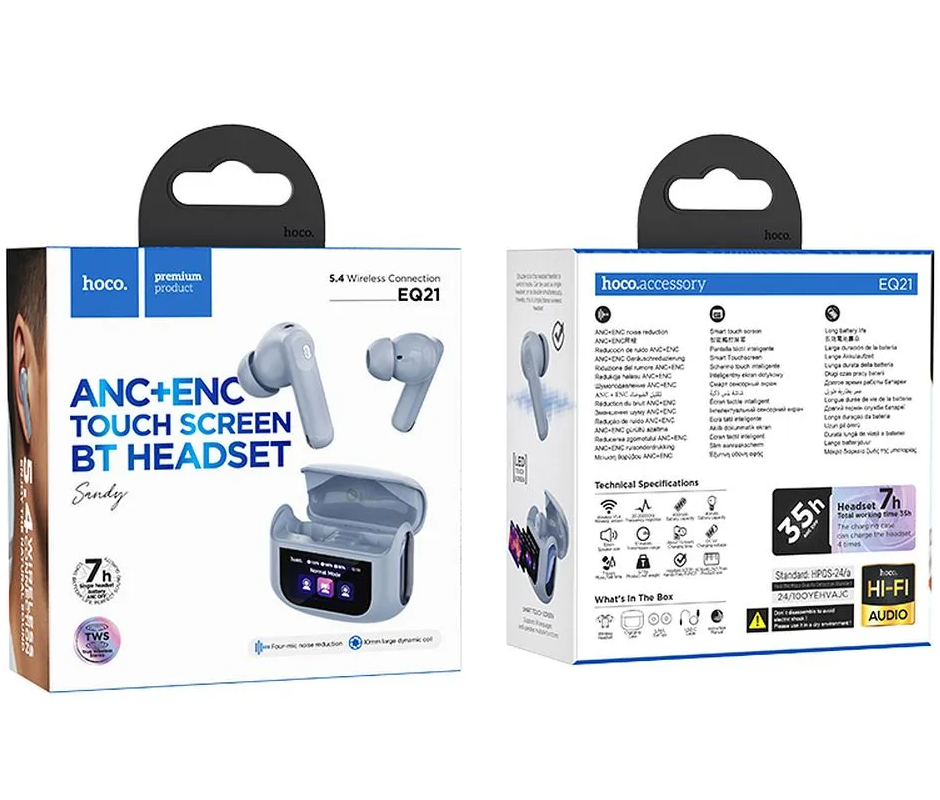 Handsfree Bluetooth HOCO EQ21, TWS, ANC, Kék