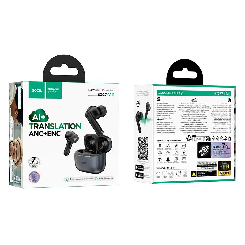 Bluetooth kihangosító HOCO EQ27 AI Fordítás, TWS, ANC, Szürke
