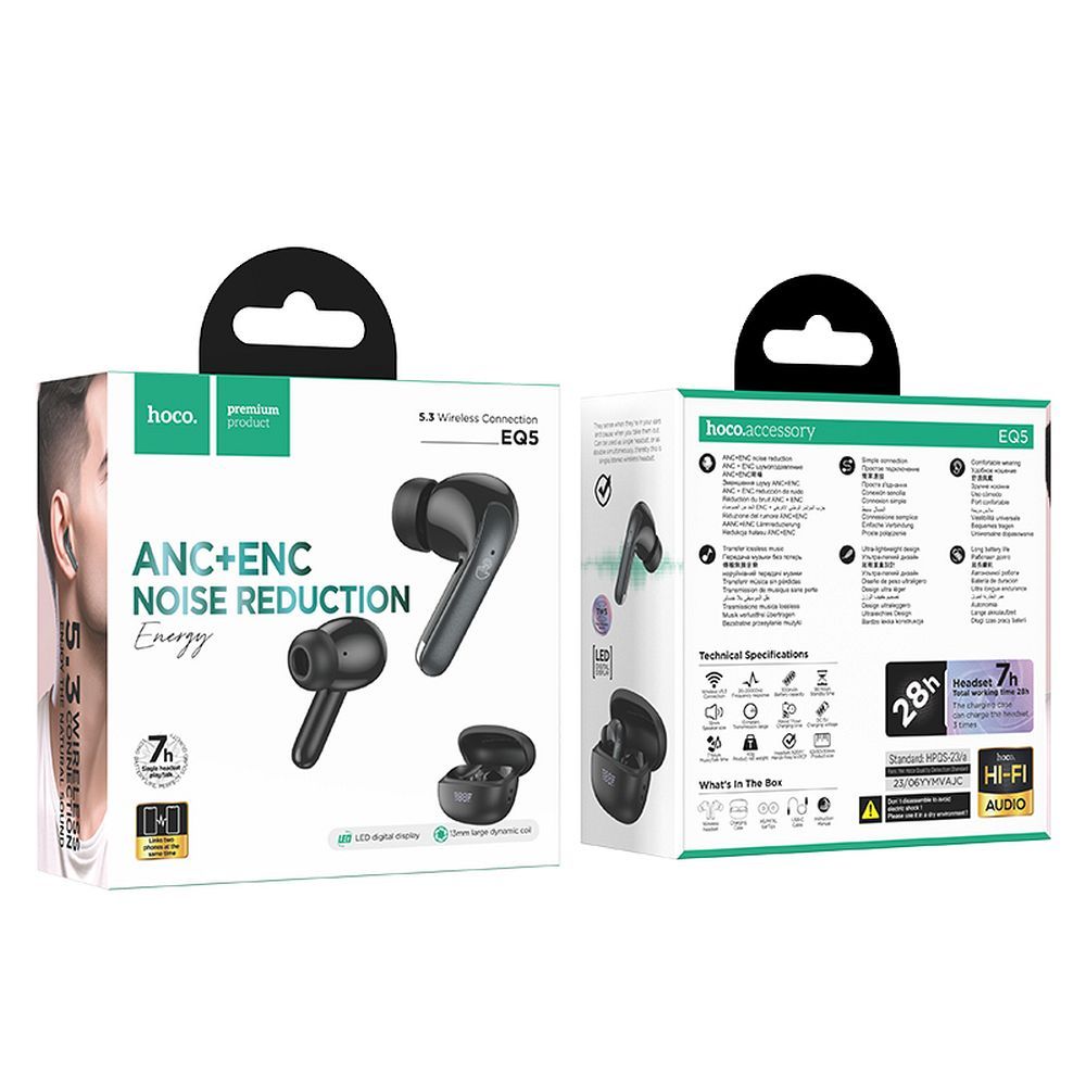 Bluetooth kihangosító Bluetooth HOCO EQ5, TWS, ANC, Fekete 