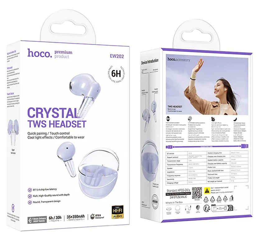Handsfree Bluetooth HOCO EW202, TWS, Lila