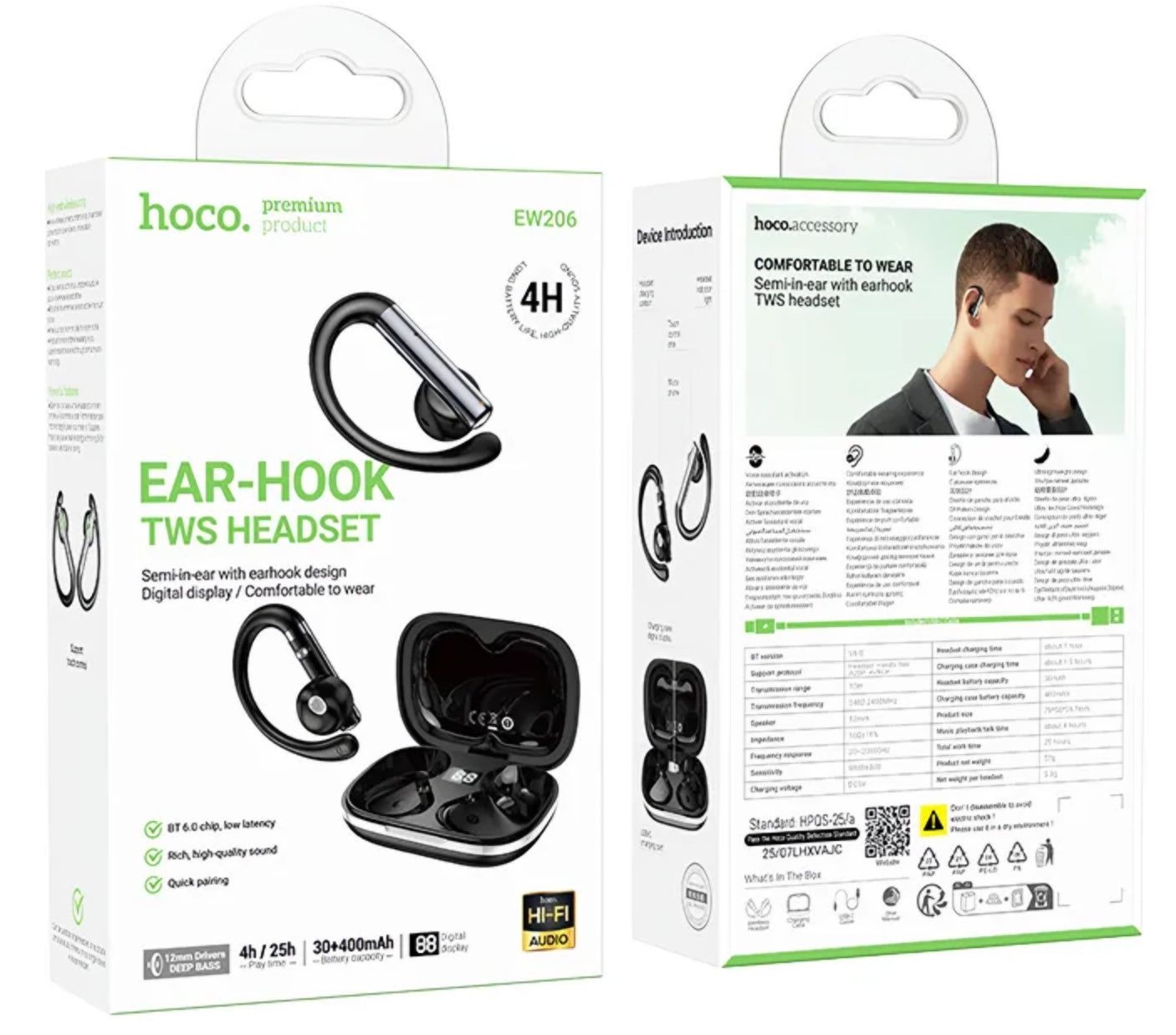 Handsfree Bluetooth HOCO EW206, TWS, Fekete