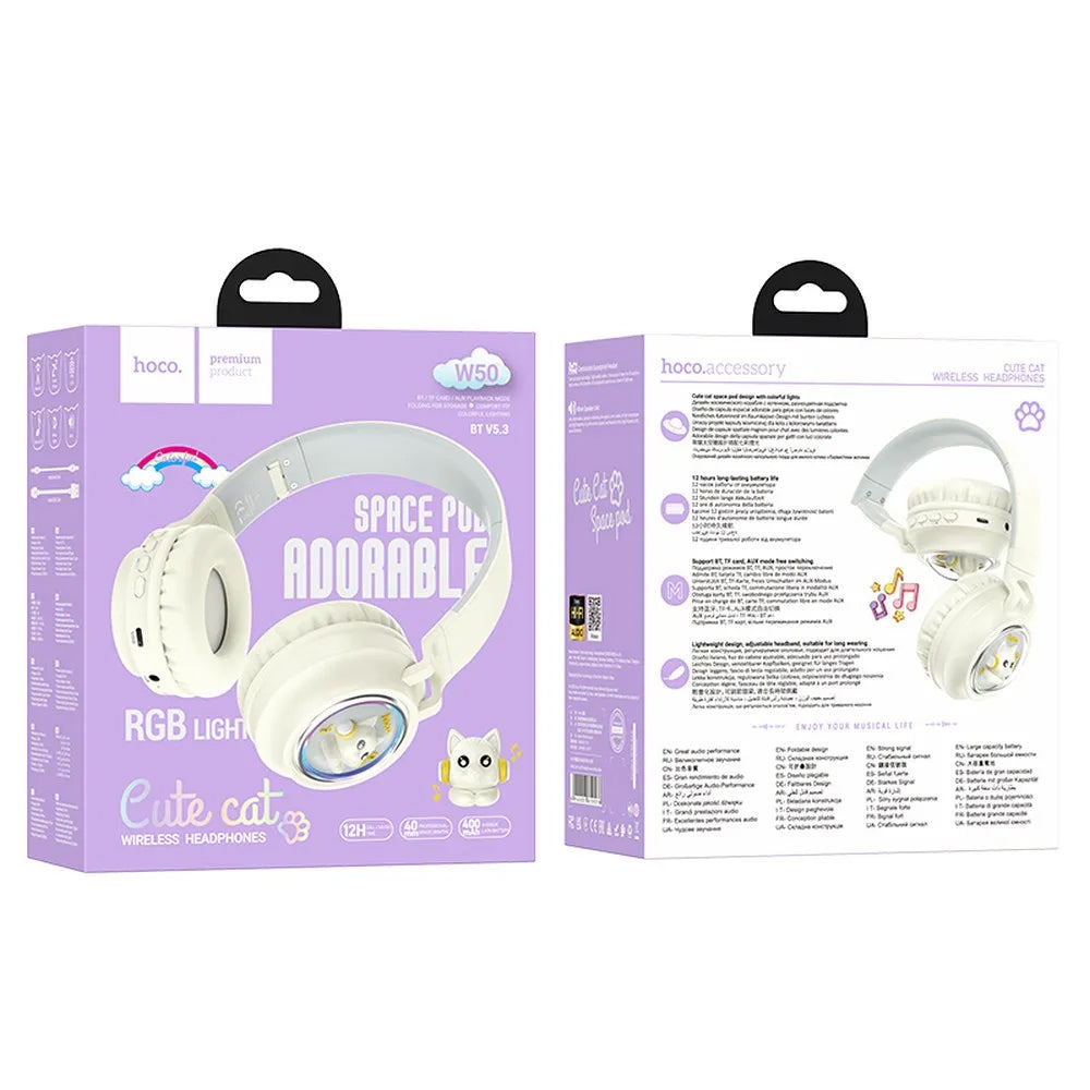 Handsfree Bluetooth HOCO W50 Kids Cute Cat, A2DP, Fehér