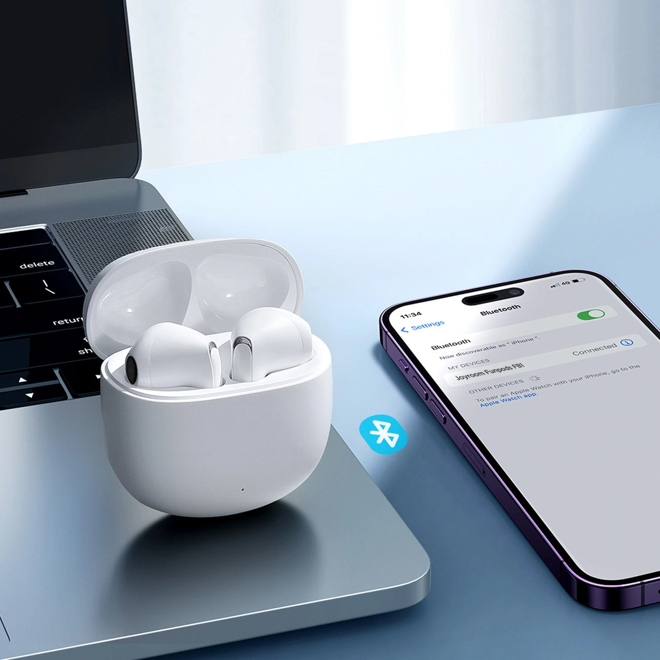 Bluetooth kihangosító Joyroom Funpods JR-FB1 Új verzió, TWS, Fehér