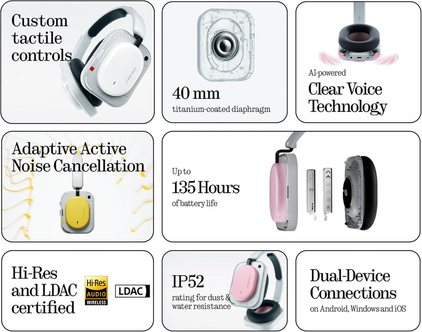Handsfree Bluetooth Nothing Headphone (a), MultiPoint, A2DP, ANC, Fekete