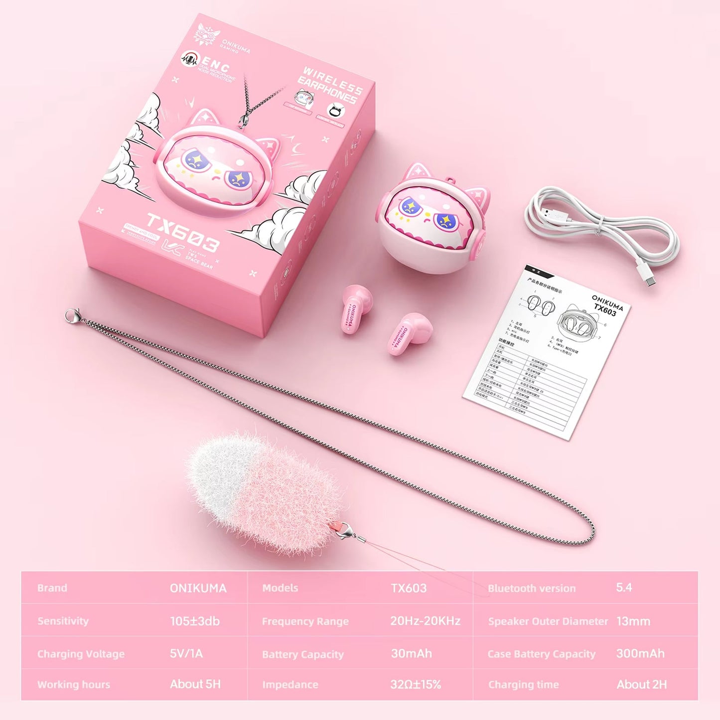 Onikuma TX603 Bluetooth kihangosító, TWS, rózsaszín