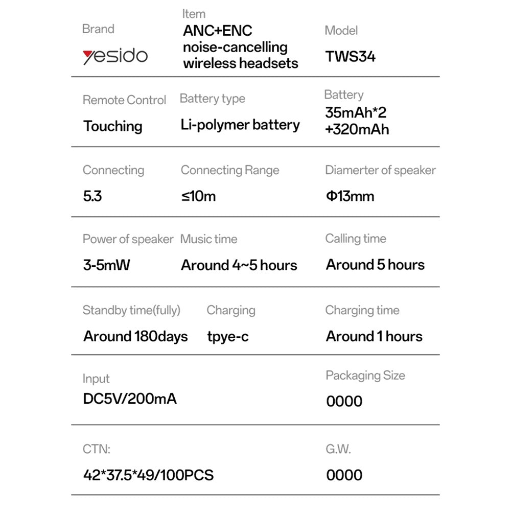 Handsfree Bluetooth Yesido TWS34, TWS, ANC, White