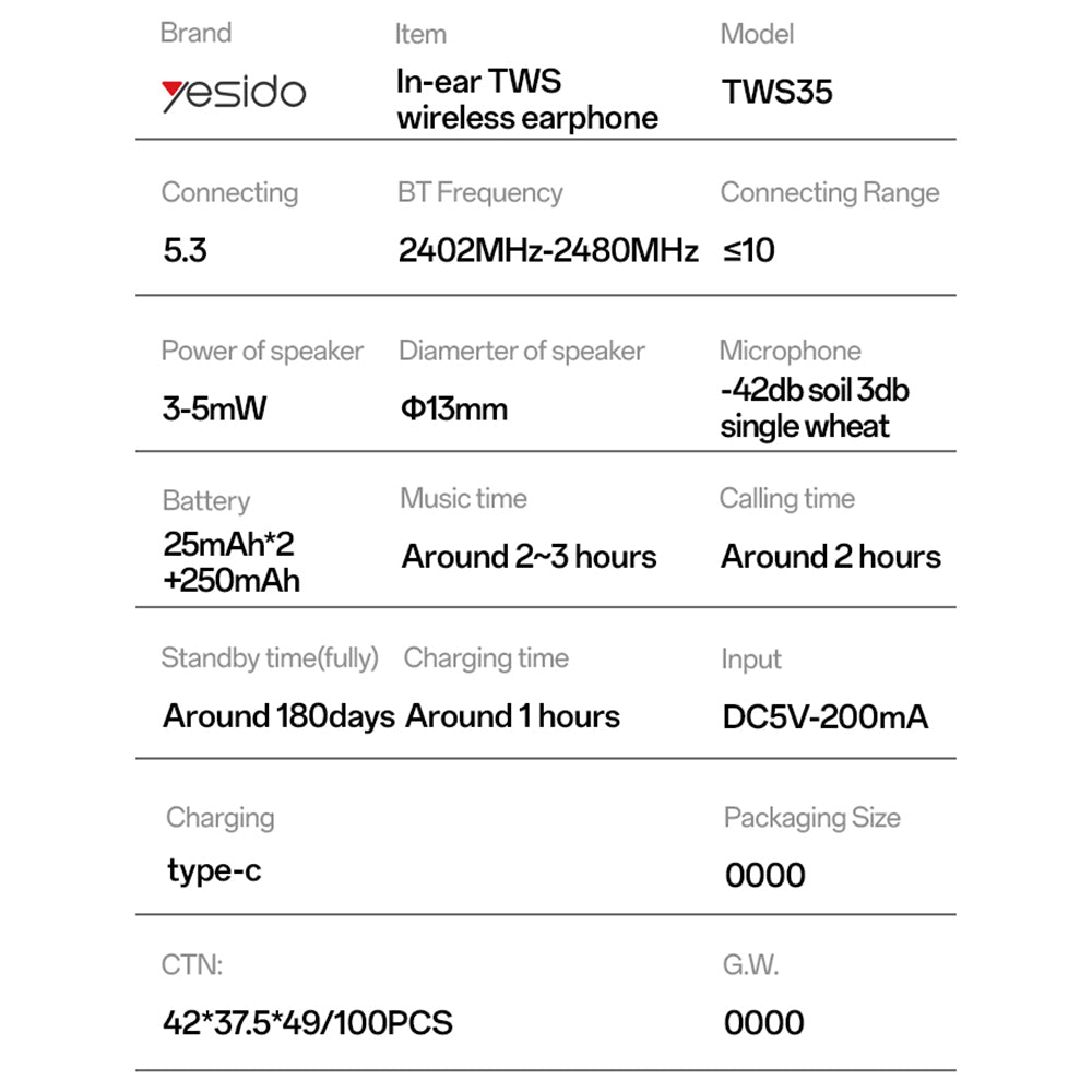 Handsfree Bluetooth Yesido TWS35, TWS, Fehér