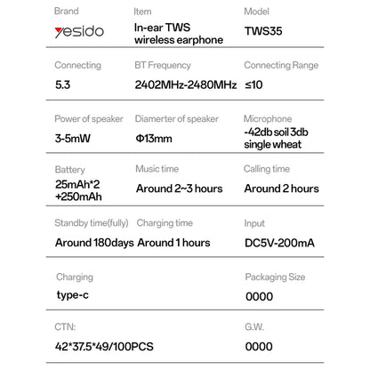 Handsfree Bluetooth Yesido TWS35, TWS, Fehér
