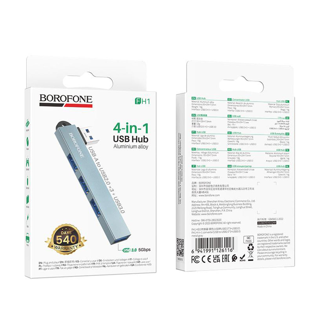 Borofone FH1 USB hub, 4 az 1-ben, szürke