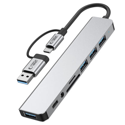 USB / USB-C Tech-Protect HB06 hub, 2 x USB-A 3.0 - 2 x USB-A - 1 x USB-C - 1 x 3.5mm Jack - 1 x SD - 1 x microSD, Szürke