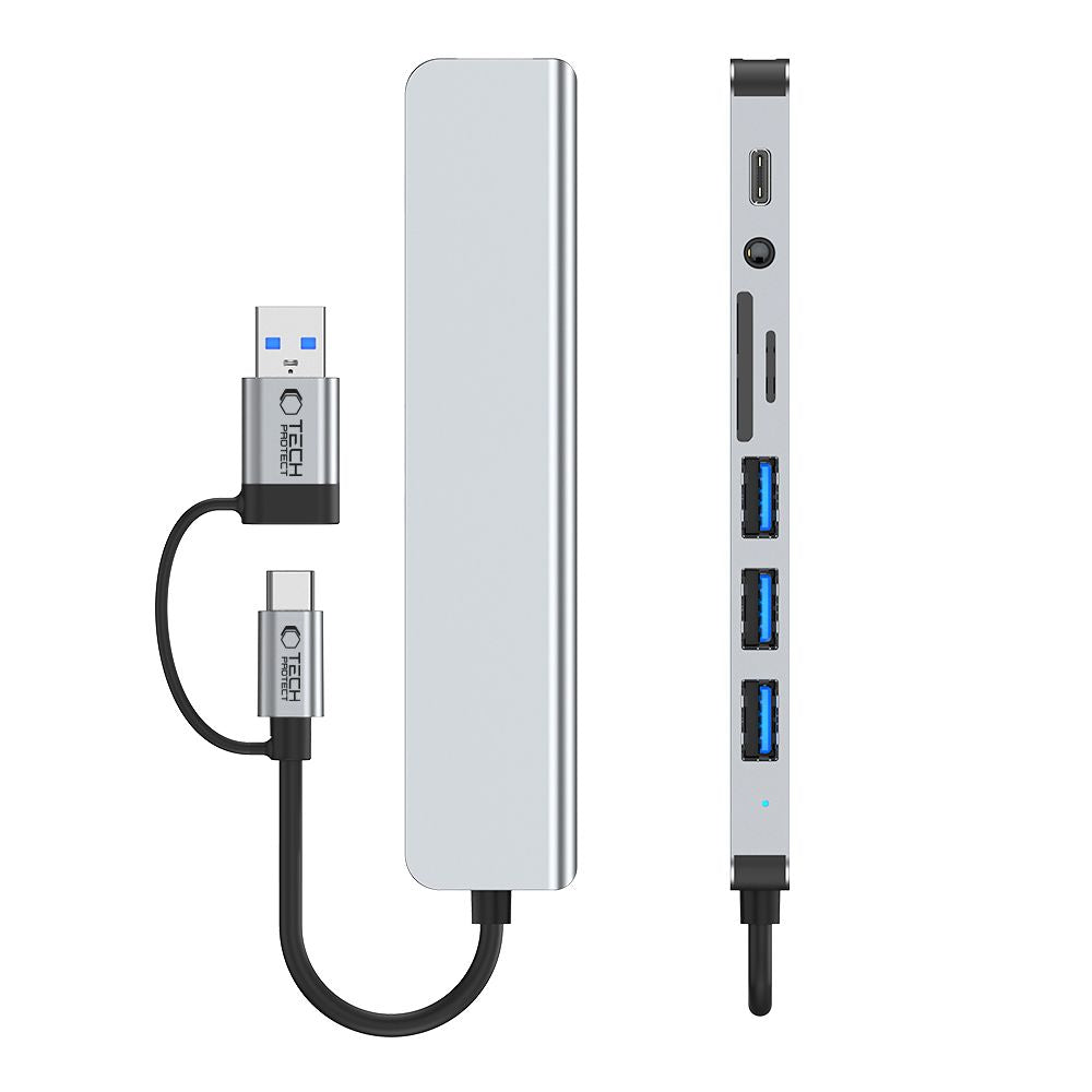USB / USB-C Tech-Protect HB06 hub, 2 x USB-A 3.0 - 2 x USB-A - 1 x USB-C - 1 x 3.5mm Jack - 1 x SD - 1 x microSD, Szürke