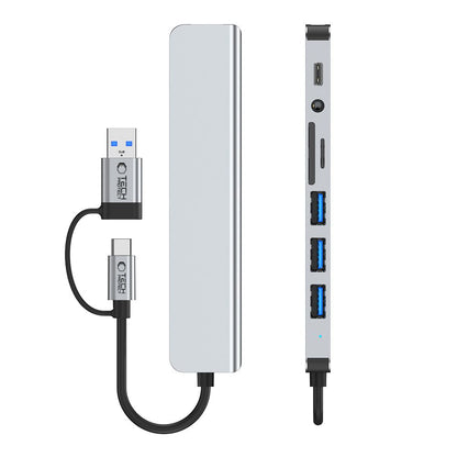 USB / USB-C Tech-Protect HB06 hub, 2 x USB-A 3.0 - 2 x USB-A - 1 x USB-C - 1 x 3.5mm Jack - 1 x SD - 1 x microSD, Szürke