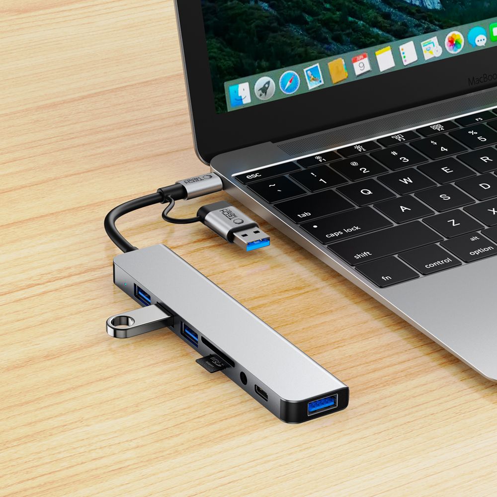 USB / USB-C Tech-Protect HB06 hub, 2 x USB-A 3.0 - 2 x USB-A - 1 x USB-C - 1 x 3.5mm Jack - 1 x SD - 1 x microSD, Szürke