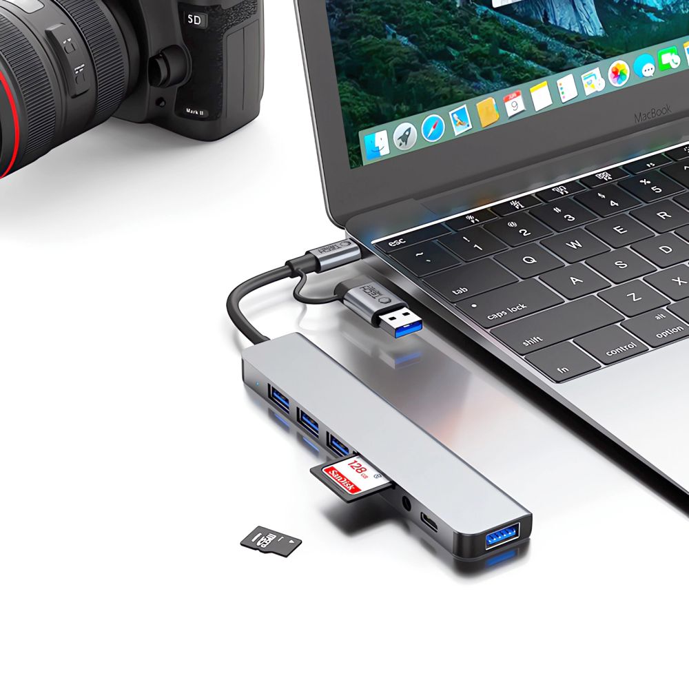USB / USB-C Tech-Protect HB06 hub, 2 x USB-A 3.0 - 2 x USB-A - 1 x USB-C - 1 x 3.5mm Jack - 1 x SD - 1 x microSD, Szürke