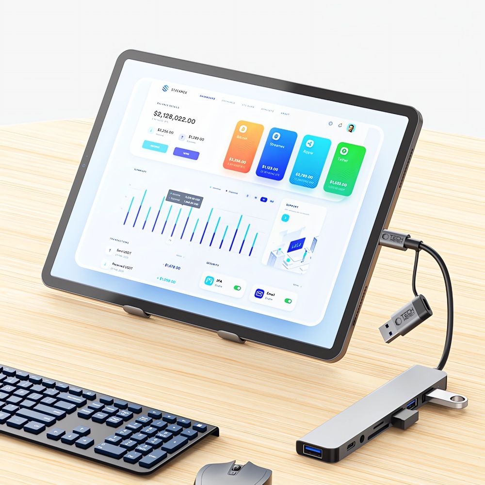 USB / USB-C Tech-Protect HB06 hub, 2 x USB-A 3.0 - 2 x USB-A - 1 x USB-C - 1 x 3.5mm Jack - 1 x SD - 1 x microSD, Szürke