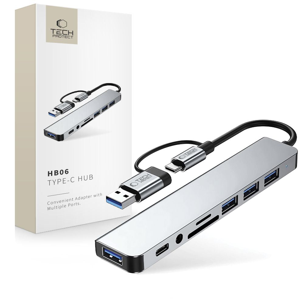 USB / USB-C Tech-Protect HB06 hub, 2 x USB-A 3.0 - 2 x USB-A - 1 x USB-C - 1 x 3.5mm Jack - 1 x SD - 1 x microSD, Szürke
