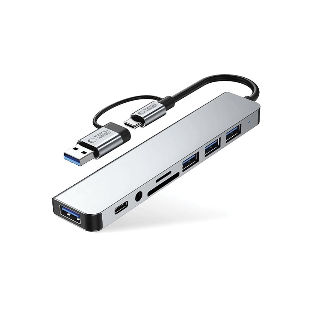 USB / USB-C Tech-Protect HB06 hub, 2 x USB-A 3.0 - 2 x USB-A - 1 x USB-C - 1 x 3.5mm Jack - 1 x SD - 1 x microSD, Szürke